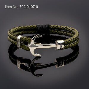 Sterling Silver Green Handmade Double Genuine Leather Unisex Men's Bracelet